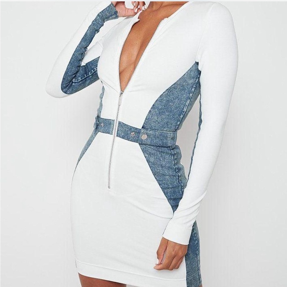 Maniere De Voir White & Blue Long Sleeve Zip Bodycon Dress